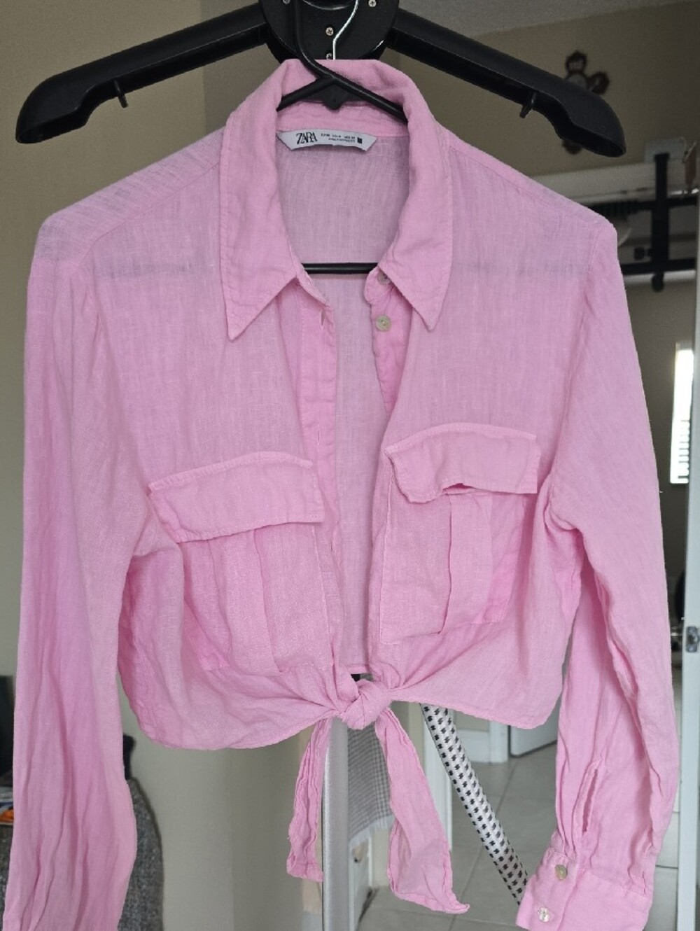Zara Light Pink Tie-Front Linen Blouse